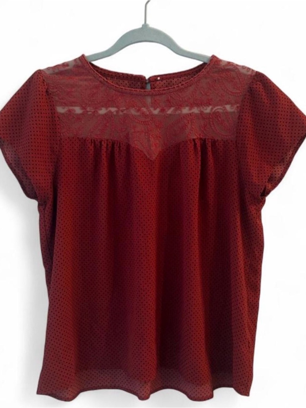 Womens Coral Short-Sleeve Blouse with Sheer Yoke